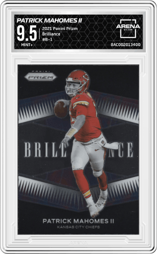 Patrick Mahomes II from the 2021 Panini Prizm set graded by Arena Club and given an overall grade of 9.5.