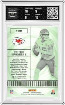 Patrick Mahomes II from the 2020 Panini Contenders set graded by Arena Club and given an overall grade of 9.5.