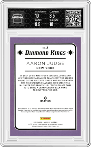Aaron Judge from the 2021 Panini Donruss set graded by Arena Club and given an overall grade of 9.