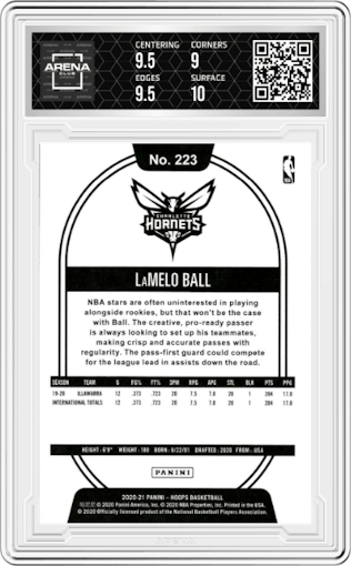 LaMelo Ball from the 2020-21 Panini NBA Hoops set featuring a Yellow parallel graded by Arena Club and given an overall grade of 9.5.