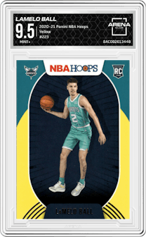 LaMelo Ball from the 2020-21 Panini NBA Hoops set featuring a Yellow parallel graded by Arena Club and given an overall grade of 9.5.