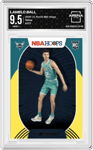LaMelo Ball from the 2020-21 Panini NBA Hoops set featuring a Yellow parallel graded by Arena Club and given an overall grade of 9.5.