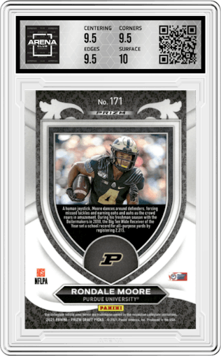 Rondale Moore from the 2021 Panini Prizm Draft Picks set featuring a Silver Prizm parallel graded by Arena Club and given an overall grade of 10.