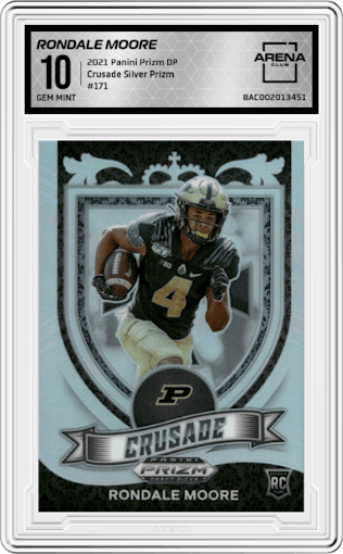 Rondale Moore from the 2021 Panini Prizm Draft Picks set featuring a Silver Prizm parallel graded by Arena Club and given an overall grade of 10.