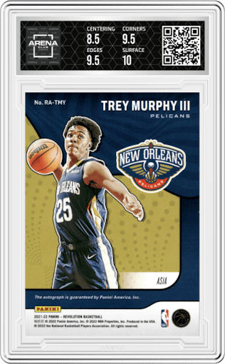 Trey Murphy III from the 2021-22 Panini Revolution  set featuring a Asia parallel graded by Arena Club and given an overall grade of 9.