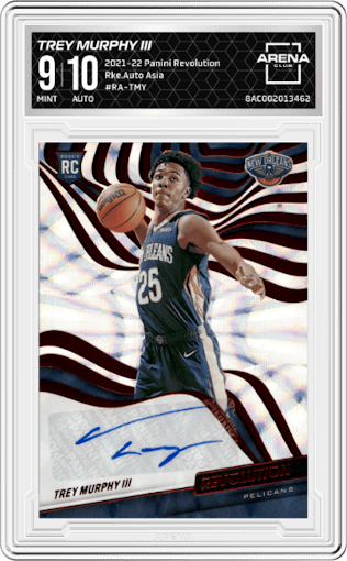 Trey Murphy III from the 2021-22 Panini Revolution  set featuring a Asia parallel graded by Arena Club and given an overall grade of 9.