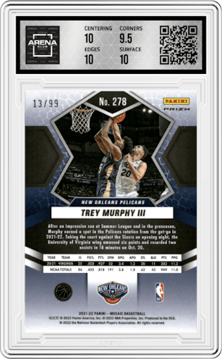 Trey Murphy III from the 2021-22 Panini Mosaic  set featuring a Blue Mosaic parallel graded by Arena Club and given an overall grade of 10.