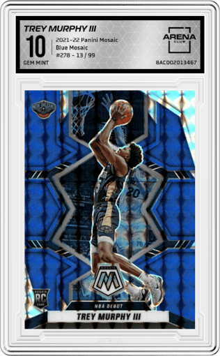 Trey Murphy III from the 2021-22 Panini Mosaic  set featuring a Blue Mosaic parallel graded by Arena Club and given an overall grade of 10.