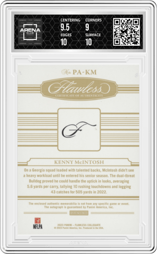 Kenny McIntosh from the 2023 Panini Flawless Collegiate set featuring a Ruby parallel graded by Arena Club and given an overall grade of 9.5.