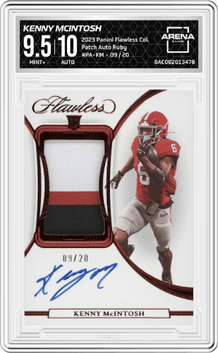 Kenny McIntosh from the 2023 Panini Flawless Collegiate set featuring a Ruby parallel graded by Arena Club and given an overall grade of 9.5.