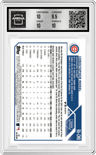 Christopher Morel from the 2023 Topps Chrome set featuring a Orange Wave Refractor parallel graded by Arena Club and given an overall grade of 10.