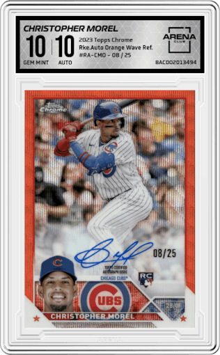 Christopher Morel from the 2023 Topps Chrome set featuring a Orange Wave Refractor parallel graded by Arena Club and given an overall grade of 10.