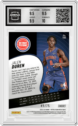 Jalen Duren from the 2022-23 Panini Revolution  set featuring a Sunburst parallel graded by Arena Club and given an overall grade of 10.