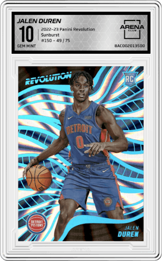 Jalen Duren from the 2022-23 Panini Revolution  set featuring a Sunburst parallel graded by Arena Club and given an overall grade of 10.