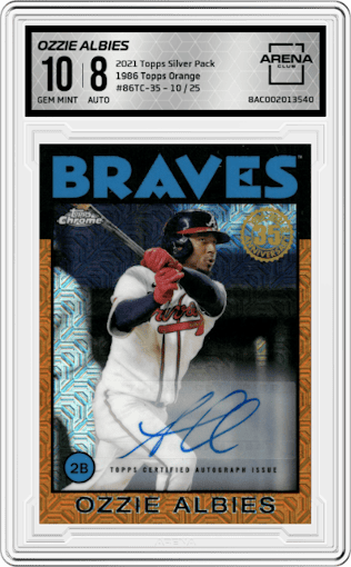 Ozzie Albies from the 2021 Topps Silver Pack set featuring a Orange parallel graded by Arena Club and given an overall grade of 10.