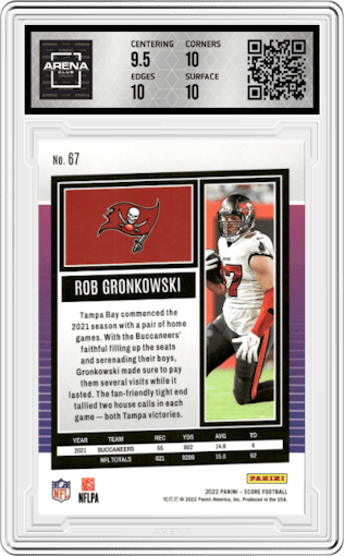 Rob Gronkowski from the 2022 Panini Score set featuring a Stars parallel graded by Arena Club and given an overall grade of 10.