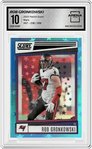 Rob Gronkowski from the 2022 Panini Score set featuring a Stars parallel graded by Arena Club and given an overall grade of 10.