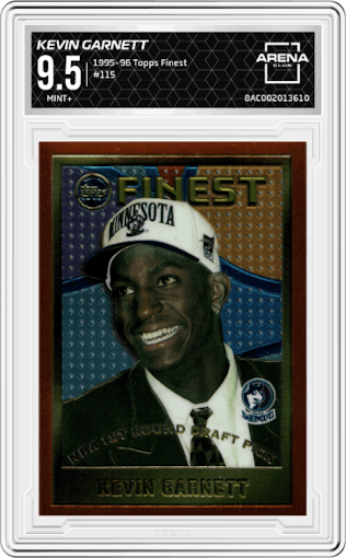 Kevin Garnett from the 1995-96 Topps Finest set graded by Arena Club and given an overall grade of 9.5.