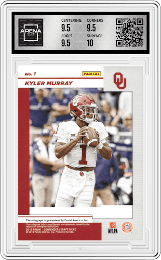Kyler Murray from the 2019 Panini Contenders Draft Picks set graded by Arena Club and given an overall grade of 10.