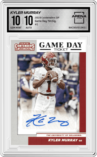 Kyler Murray from the 2019 Panini Contenders Draft Picks set graded by Arena Club and given an overall grade of 10.
