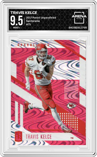 Travis Kelce from the 2017 Panini Unparalleled set featuring a Swirlorama parallel graded by Arena Club and given an overall grade of 9.5.