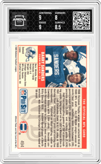 Barry Sanders from the 1989 Pro Set set graded by Arena Club and given an overall grade of 8.5.