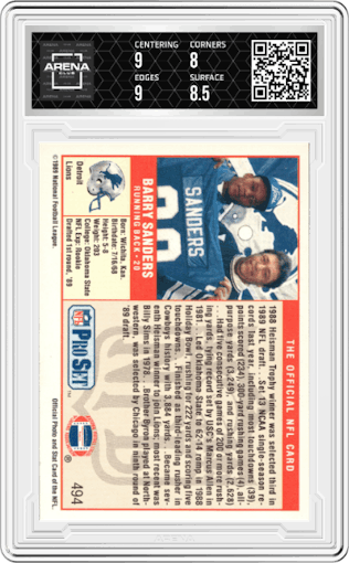 Barry Sanders from the 1989 Pro Set set graded by Arena Club and given an overall grade of 8.5.