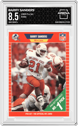 Barry Sanders from the 1989 Pro Set set graded by Arena Club and given an overall grade of 8.5.