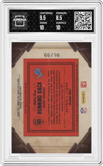 Barry Sanders from the 2011 Panini Timeless Treasures set graded by Arena Club and given an overall grade of 9.