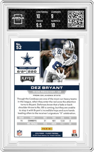 Dez Bryant from the 2016 Panini Playoff set featuring a Kickoff parallel graded by Arena Club and given an overall grade of 9.5.