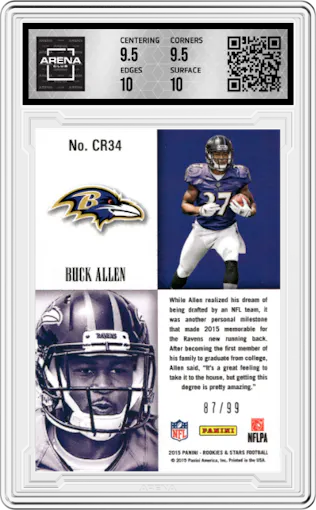 Buck Allen from the 2015 Panini Rookies & Stars set featuring a Red parallel graded by Arena Club and given an overall grade of 10.