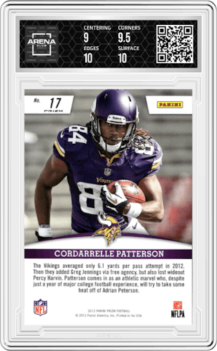 Cordarrelle Patterson from the 2013 Panini Prizm set featuring a Green parallel graded by Arena Club and given an overall grade of 9.5.
