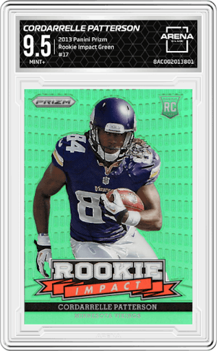 Cordarrelle Patterson from the 2013 Panini Prizm set featuring a Green parallel graded by Arena Club and given an overall grade of 9.5.