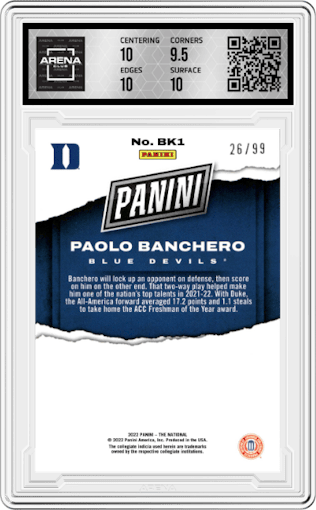 Paolo Banchero from the 2022 Panini The National VIP set featuring a Red parallel graded by Arena Club and given an overall grade of 10.
