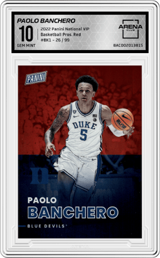 Paolo Banchero from the 2022 Panini The National VIP set featuring a Red parallel graded by Arena Club and given an overall grade of 10.