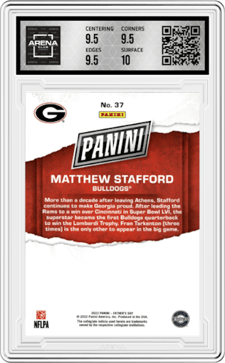 Matthew Stafford from the 2022 Panini Father's Day  set featuring a Holo parallel graded by Arena Club and given an overall grade of 10.