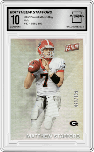 Matthew Stafford from the 2022 Panini Father's Day  set featuring a Holo parallel graded by Arena Club and given an overall grade of 10.