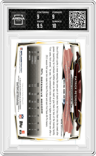 Patrick Peterson from the 2014 Topps Chrome set featuring a Refractor  parallel graded by Arena Club and given an overall grade of 9.5.