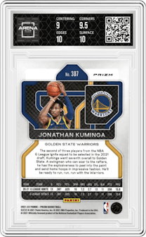  Jonathan Kuminga  from the 2021-22 Panini Prizm  set featuring a Silver Prizm parallel graded by Arena Club and given an overall grade of 9.5.