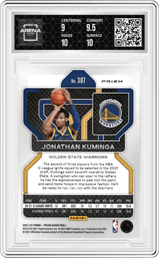  Jonathan Kuminga  from the 2021-22 Panini Prizm  set featuring a Silver Prizm parallel graded by Arena Club and given an overall grade of 9.5.