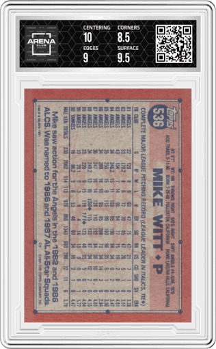 Mike Witt  from the 1991 Topps set graded by Arena Club and given an overall grade of 9.