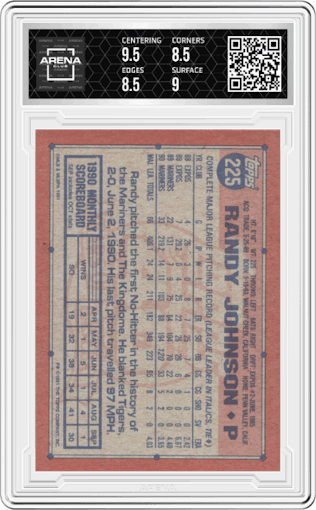 Randy Johnson from the 1991 Topps set graded by Arena Club and given an overall grade of 9.