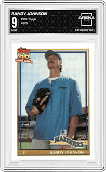 Randy Johnson from the 1991 Topps set graded by Arena Club and given an overall grade of 9.