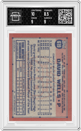  David Wells from the 1991 Topps set graded by Arena Club and given an overall grade of 9.
