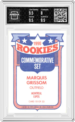 Marquis Grissom from the 1991 Topps set graded by Arena Club and given an overall grade of 8.5.