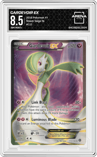 Gardevoir EX from the 2016 Pokemon XY set graded by Arena Club and given an overall grade of 8.5.