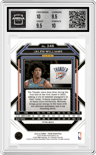 Jalen Williams from the 2022-23 Panini Prizm  set featuring a Silver Prizm parallel graded by Arena Club and given an overall grade of 10.