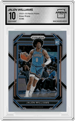 Jalen Williams from the 2022-23 Panini Prizm  set featuring a Silver Prizm parallel graded by Arena Club and given an overall grade of 10.