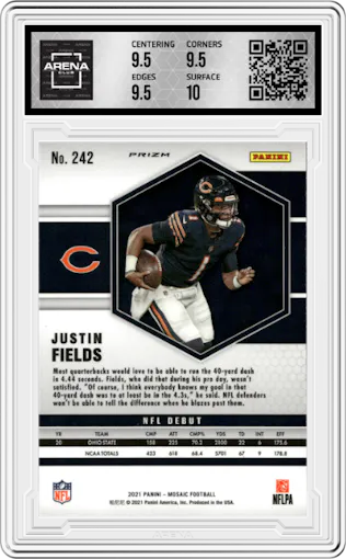 Justin Fields from the 2021 Panini Mosaic set featuring a Silver parallel graded by Arena Club and given an overall grade of 10.