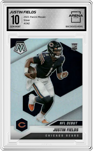 Justin Fields from the 2021 Panini Mosaic set featuring a Silver parallel graded by Arena Club and given an overall grade of 10.